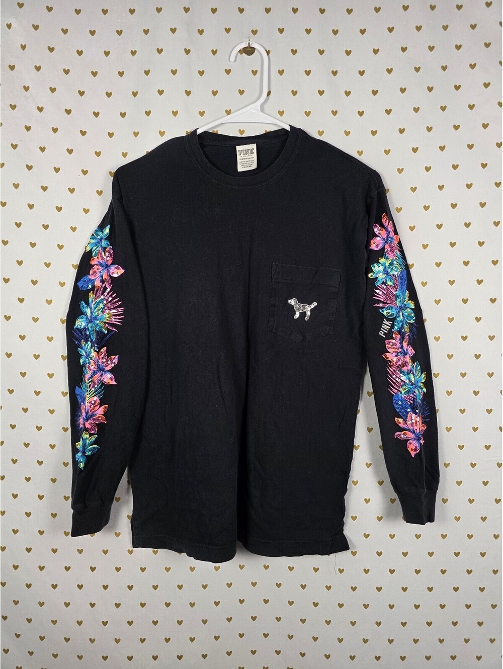 Victorias Secret PINK Bling hibiscus Long Sleeve Sequined Embroidered Tee shirt